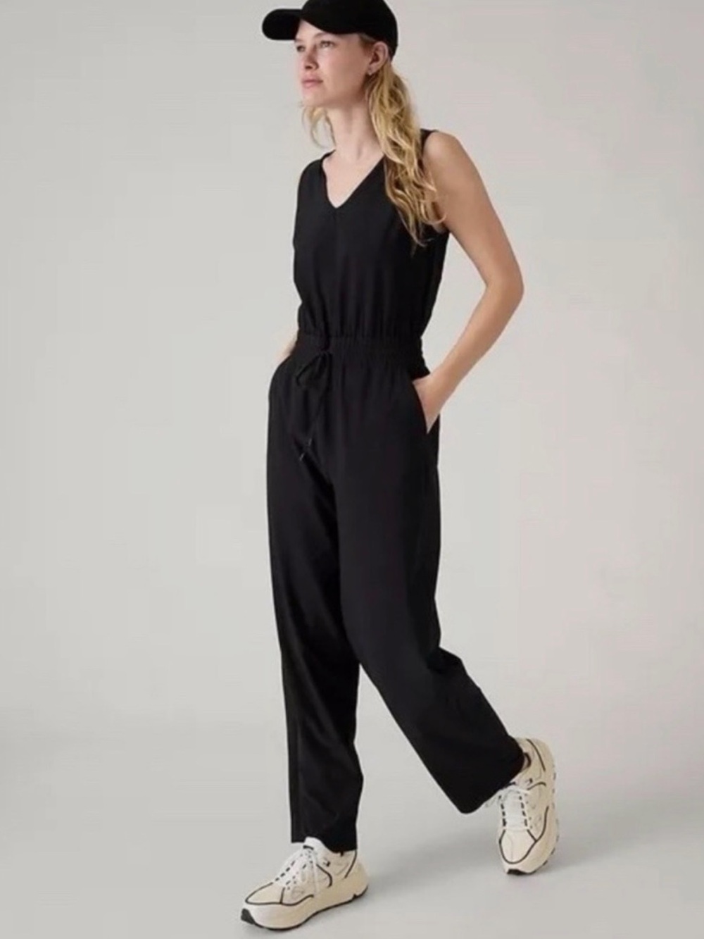 Athleta Avenue Black V-Neck Sleeveless Tie-Waist Jumpsuit